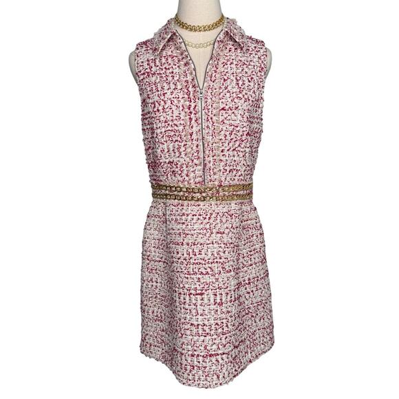 Alice and Olivia Ellis Chain-trim Tweed Dress mini white pink gold size 10 - Picture 4 of 10